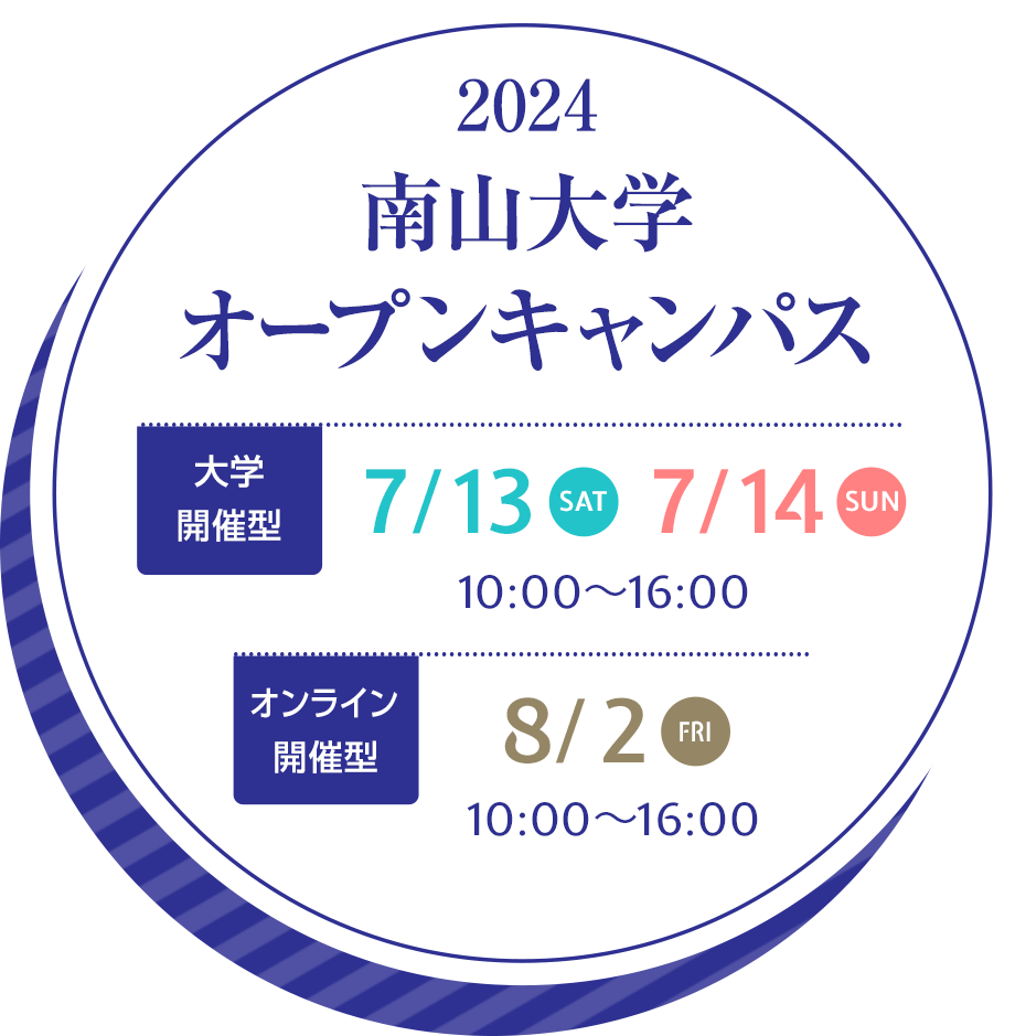 南山大学オープンキャンパス 大学開催型：7/13 SAT　7/14 SUN　10:00～16:00 オンライン開催型：8/2 FRI　10:00～16:00